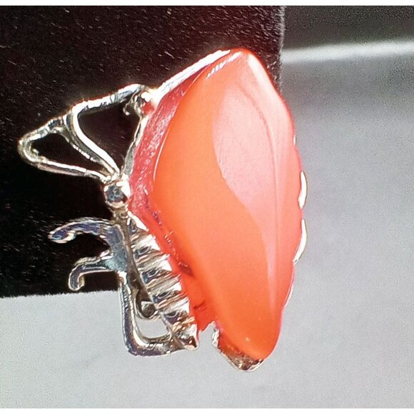 Clip On Earrings Butterfly Wings Orange Lucite Vintage 1950s Silver Tone 1 Inch - Picture 5 of 15